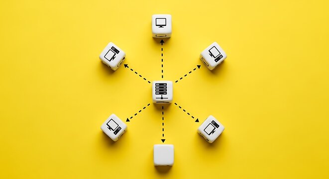 Network hub connecting multiple devices in a star topology on a yellow background - Powered by Adobe