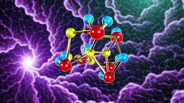 Slow motion video clip of a molecular structure with vibrant colors and lightning in the background, perfect for scientific or cinematic use.