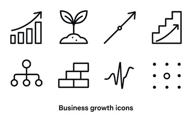 Business growth icons: graphs, plant, arrow, steps, network, brick, pulse, pattern