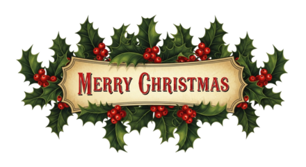 Merry christmas text banner surrounded by holly leaves and red berries