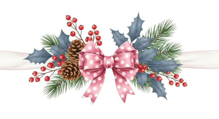 Christmas bow with pine cone, holly, berries, and pine branches