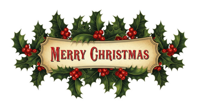 Merry christmas text banner surrounded by holly leaves and red berries