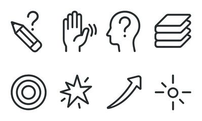 Set of eight education and progress icons in dark theme