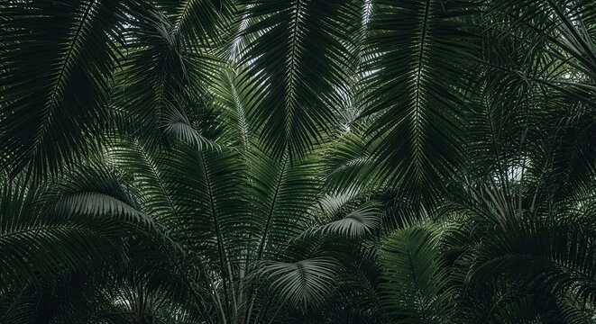 Sunlight filters through the dense canopy of overlapping dark green palm fronds, creating a moody and atmospheric abstract background in a lush tropical forest