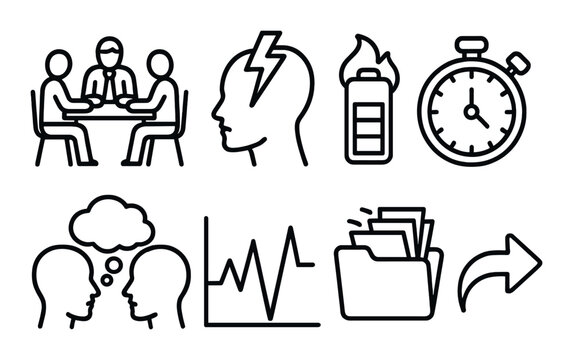 Business meeting and mental health icons set on grayscale background