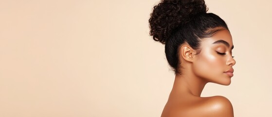 Beautiful young woman showing natural coily hair styled in a high bun. Her serene profile features glowing deep skin with eyes closed.