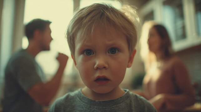 The young child is frightened due to his parents argument