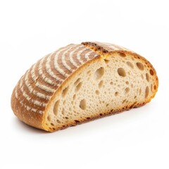 Crusty sourdough bread slice with large air pockets and golden brown crust, artisan loaf detail