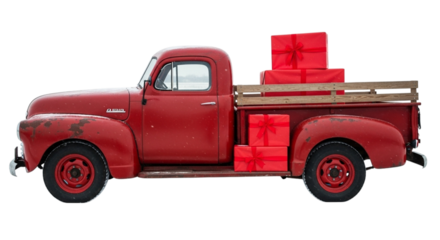 Vintage red pickup truck loaded with red gift boxes