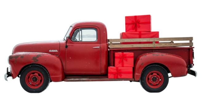 Vintage red pickup truck loaded with red gift boxes