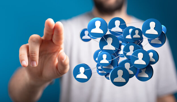 Person interacting with a digital network concept. Person pointing at connections representing networking, technology, communication, and social