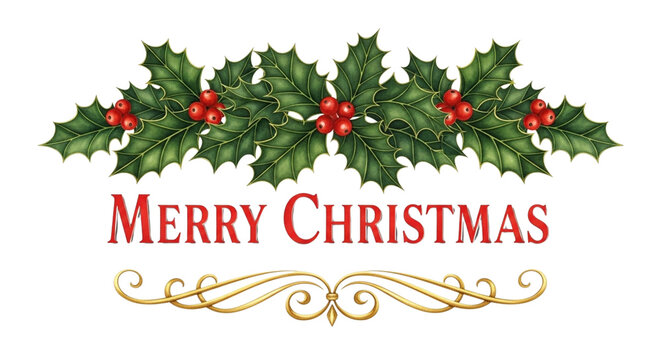 Merry christmas text with decorative golden swirl, surrounded by holly leaves and red berries