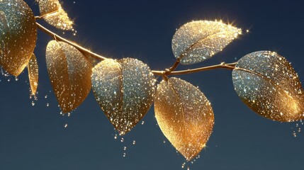 Golden leaves covered in glistening water droplets, branch extends, dramatic dark background