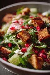Vibrant Fattoush Salad - Crispy Pita, Pomegranate Seeds, and Fresh Greens in Ceramic Bowl.