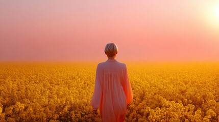 Fototapeta premium Person standing in the middle of a vast field of yellow flowers. the person is wearing a long white dress and has short blonde hair.