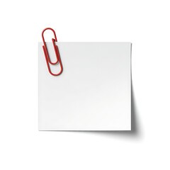 A red paperclip holding a white square sticky note isolated on white background