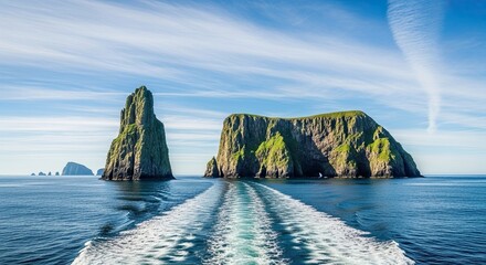 A stunning view from a boat sailing away from majestic green sea stacks and rocky islands on a beautiful sunny day with a clear blue sky and a foamy wake trailing behind