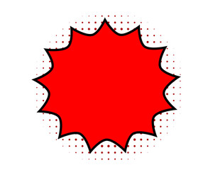 Red comic starburst badge with bold outline and dotted pop art background for sale label, discount sticker, highlight element and promotional design
