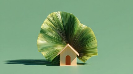 3d rendering of a small wooden house with a triangular roof and a small window on the front. the house is placed on a light green background.