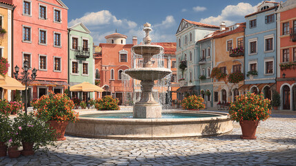 A charming town square with a picturesque fountain. Colorful buildings and potted plants frame the scene