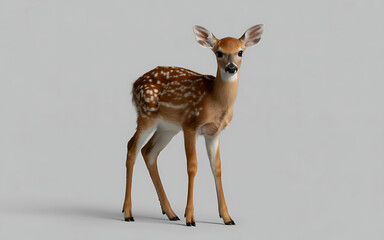 A young fawn with spotted fur stands on a plain background, looking forward
