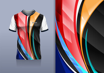 T-shirt mockup with abstract curve lines sport jersey design for football, soccer, racing, esports, running, in red orange blue black color