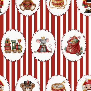Seamless pattern The Nutcracker&mdash;the Mouse King, toys, gifts, a drum, a train&mdash;in an oval frame on red stripes, drawn in a soft watercolor style. Perfect for festive textiles and wrapping paper.