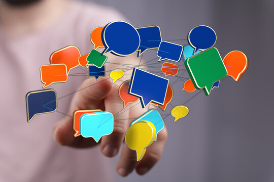 Visualization of message bubble social network communication system, symbolizes connection and interaction across digital spaces. - Powered by Adobe