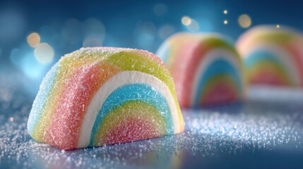 Colorful rainbow-shaped gummy candies, close-up, on a dark blue surface with glittering lights