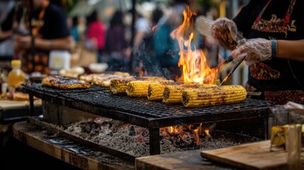 Street food vendor grilling corn on an open-air grill.  People gather around