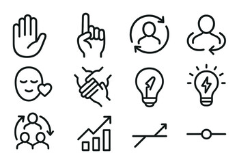 Obraz premium Minimalist black symbol set: communication, strategy, innovation, teamwork icons