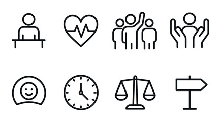 Minimalist black icons: healthcare, community, justice, direction, time, happiness