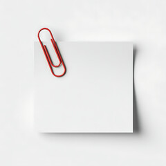 A single red paperclip holding a blank white square note, isolated on white background