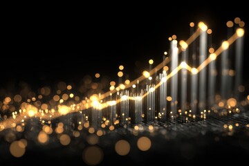 Abstract Glowing Financial Growth Chart with Bokeh Effect on Black Background.