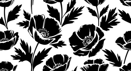 Seamless pattern of black and white anemone flowers and leaves on a white background.