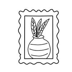 Hand-drawn minimalist line art of a houseplant in a striped pot, framed with a decorative wavy border like a postage stamp