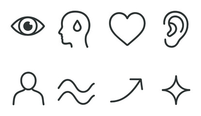 Minimalist icons depicting human senses and emotions in soft black silhouette design