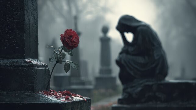 Memorial service featuring a grieving woman with a flower at a burial site reflecting on death and sorrow
