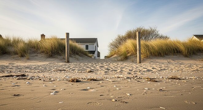Low angle view of a sandy path winding through tall grass on a dune, leading from a seashell-strewn beach to a secluded coastal house during a peaceful sunset - Powered by Adobe
