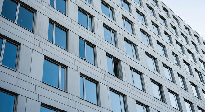Low angle view of a modern building facade with a geometric pattern of windows reflecting the blue sky, showcasing contemporary urban architecture and design