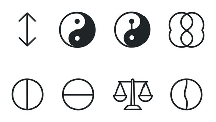 Monochrome symbol collection featuring yin yang and balance iconography