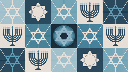 Modern blue geometric patterns featuring Star of David and Menorah symbols for cultural celebration