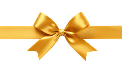 A golden satin ribbon tied into a perfect bow, isolated on white background
