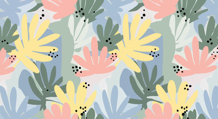 A seamless abstract pattern featuring stylized pastel-colored leaves and floral shapes with small black dots on a light background.
