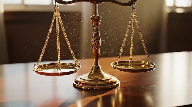 Close up of golden scales of justice shimmering in warm light.
