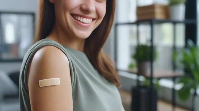 Pleased After COVID-19 Vaccination: Young Woman Smiling With Bandage On Upper Arm, Health After Vaccination: Woman Shows Vaccination Spot On Arm & Shares a Smile