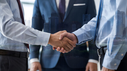 Fototapeta premium Professional businessmen shake hands sealing a deal with a modern city skyline overlay for success and partnership