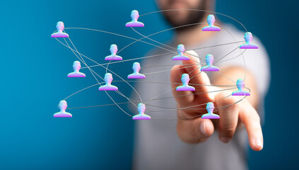 Concept of digital networking, global connection, and communication with the hand pointing to a network of people icons, collaboration and teamw