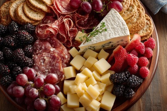 Charcuterie board filled with variety of cheeses, meats, berries, surrounded by crackers. Concept of rustic platter showcasing assorted meats cheeses and crackers.