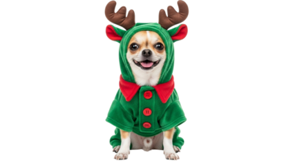 Cute chihuahua dog wearing a green reindeer costume with antlers